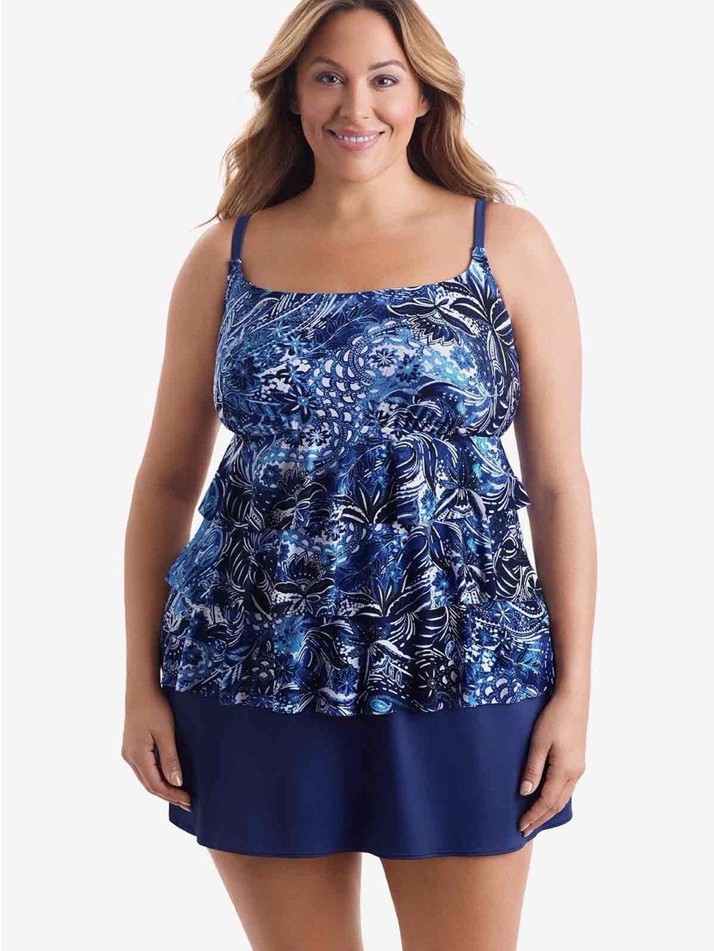 Longitude Plus Size Long Torso Ruffle Faux Skirtini - Paisley Garden